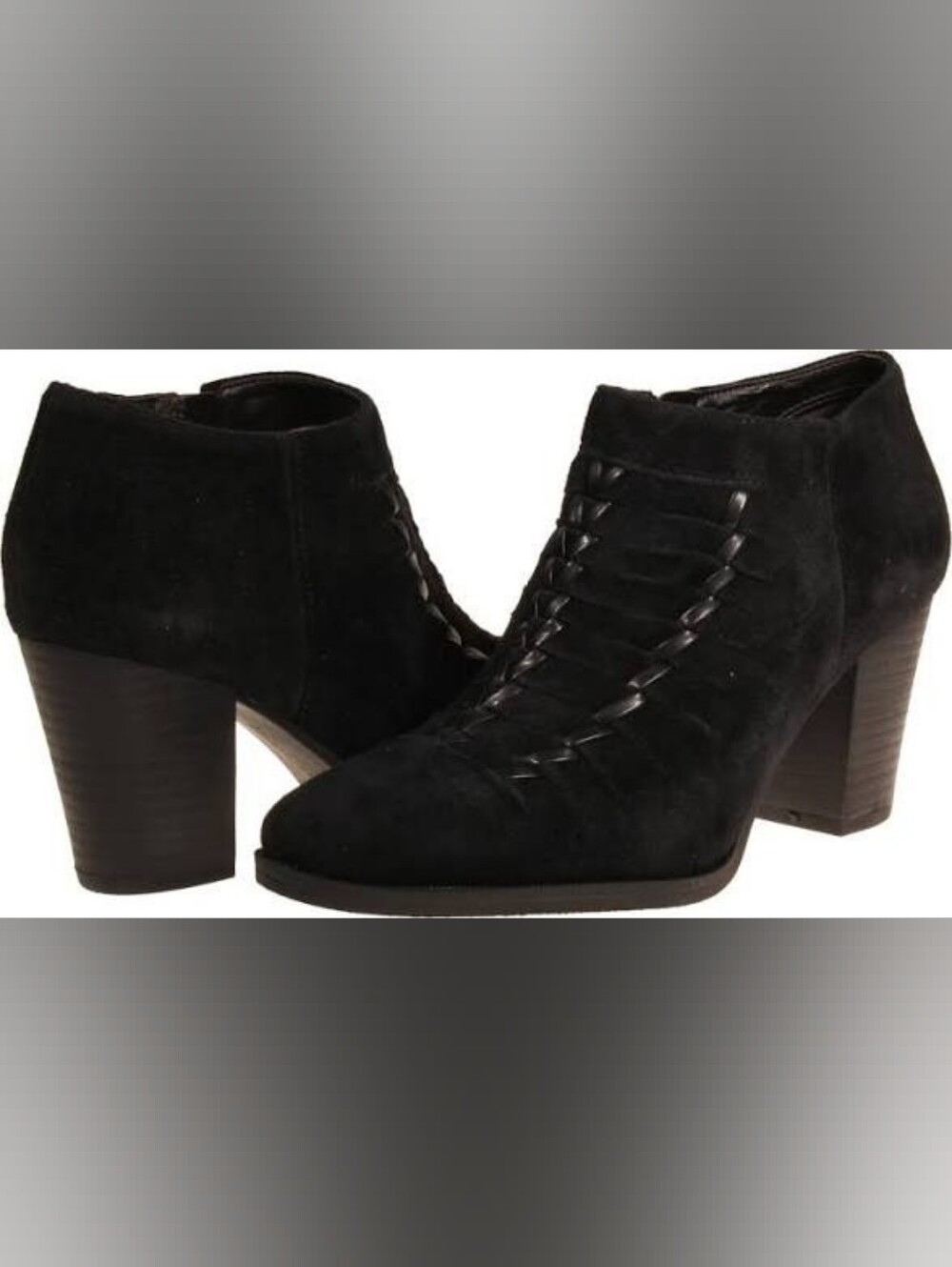 Franco Sarto Black Woven Braid Detail Suede Ankle Booties Stacked 3"Heel Sz 10